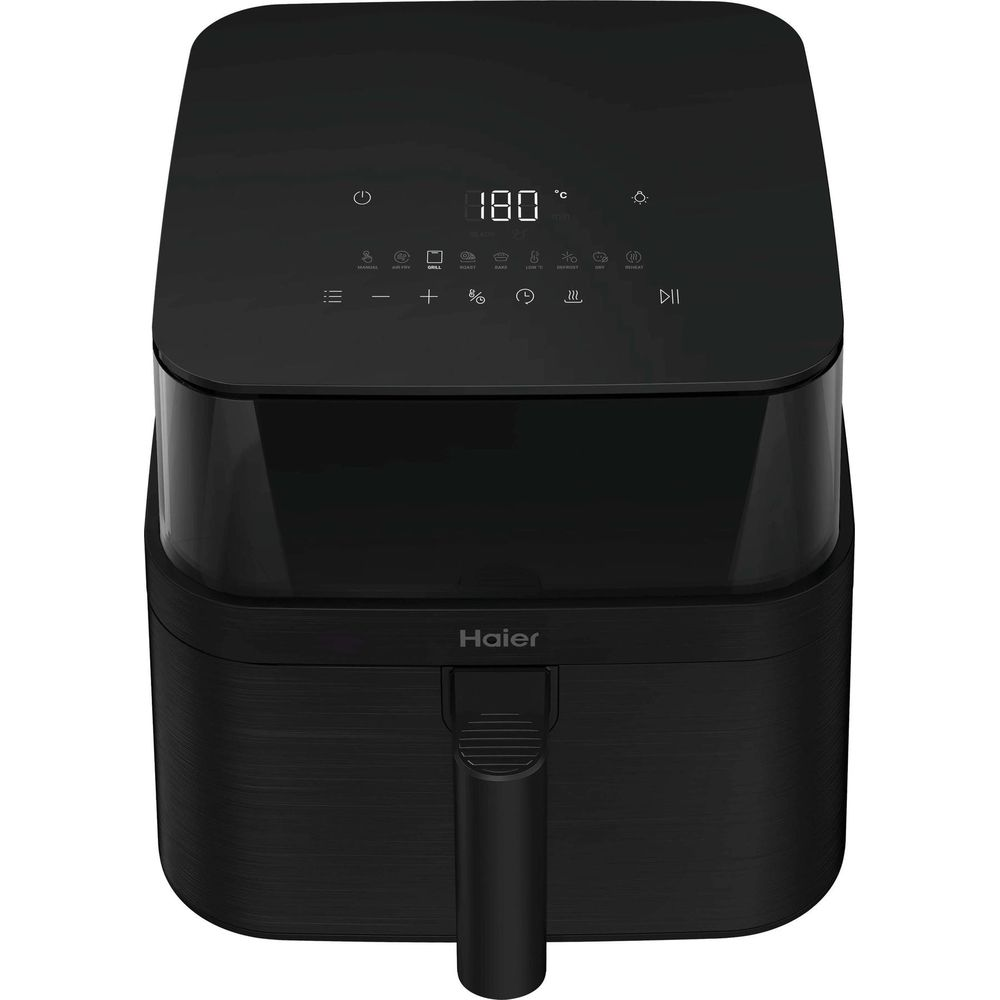 Ein schwarzer Haier Heißluftfritteuse mit digitalem Display und Bedienelementen.