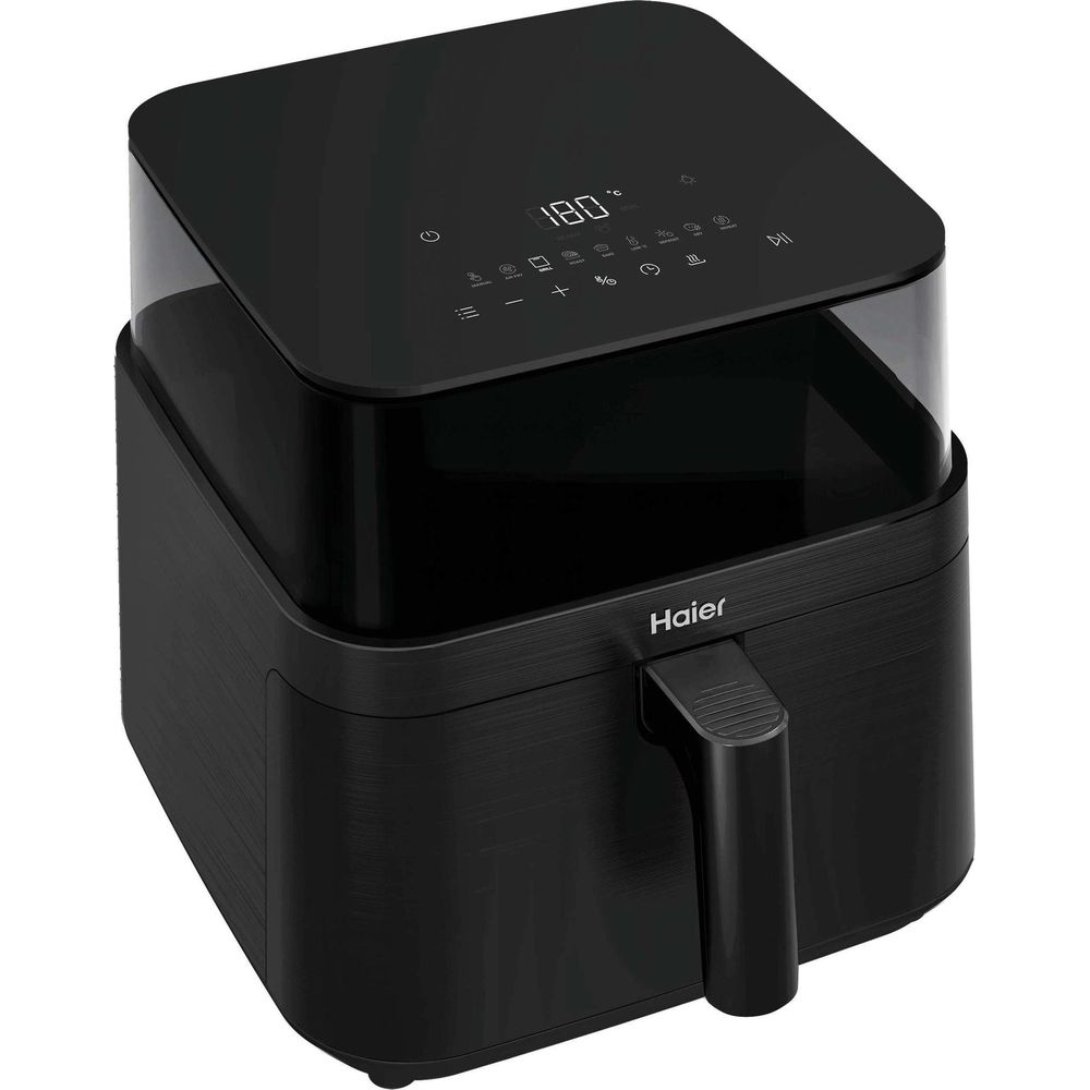 Eine schwarze Haier-Heißluftfritteuse mit Digitalanzeige, 180 Grad.