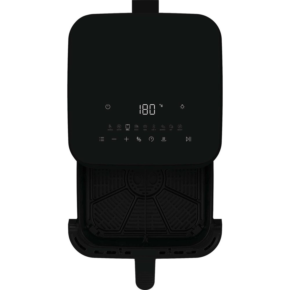 Schwarzer Heißluftfritteusen-Bedienfeld mit digitaler Anzeige für 180°C und verschiedenen Kochmodi.