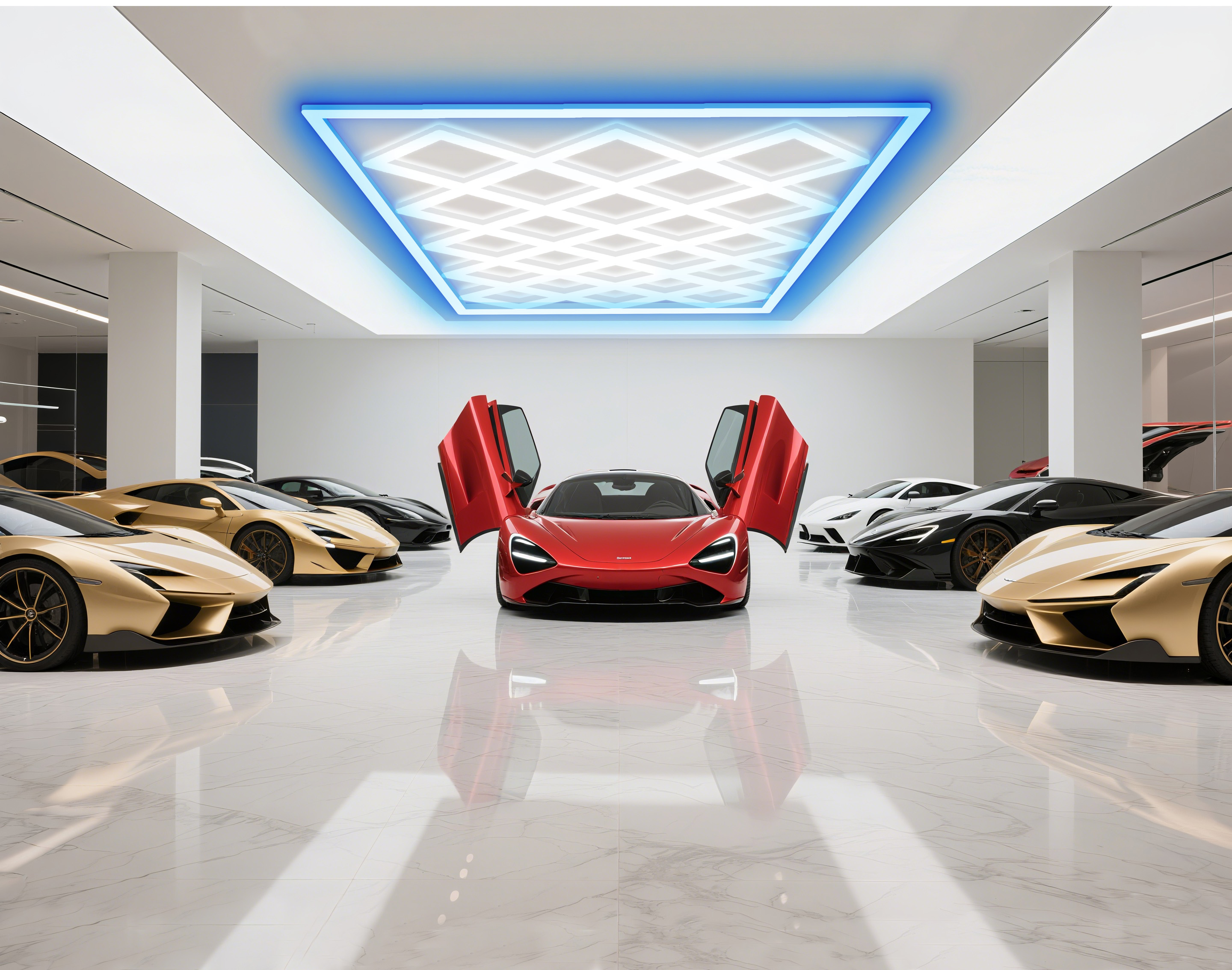 Coches deportivos rojos y dorados en sala de exposición. Una puerta roja está abierta.