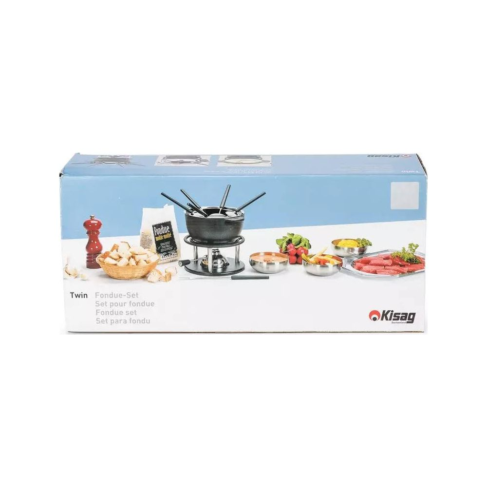 Ein Kisag Fondue-Set mit Brot, Knoblauch, Kräutern und Fleisch.