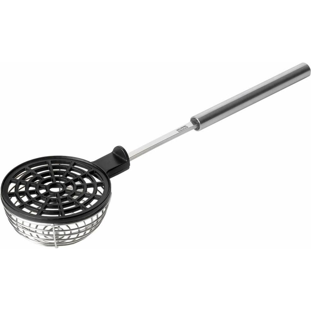 Eine Metallgrillbürste mit schwarzem Kunststoffgriff und rundem Metallbürstenkopf.