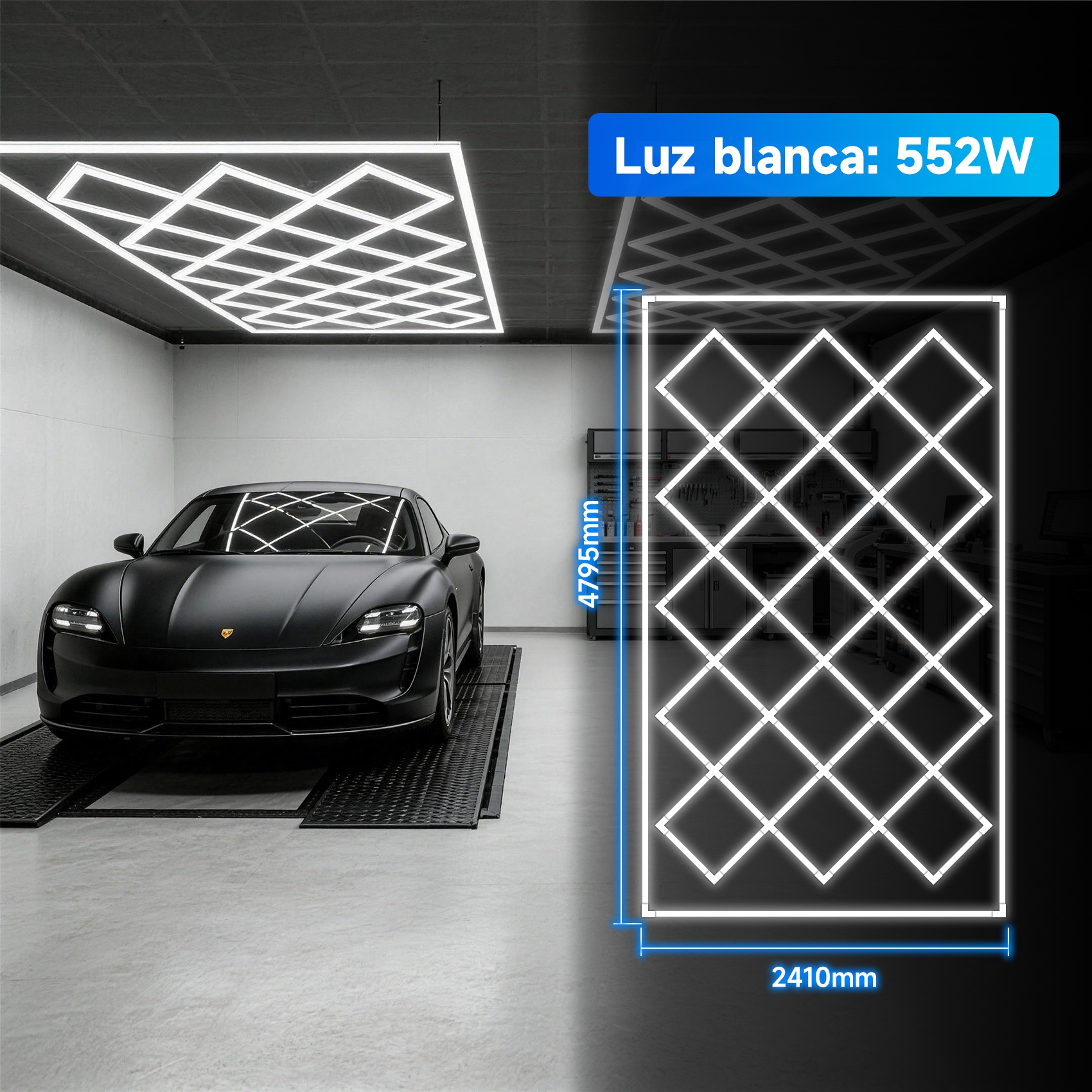Porsche negro en elevador con luces de techo blancas de diamantes.