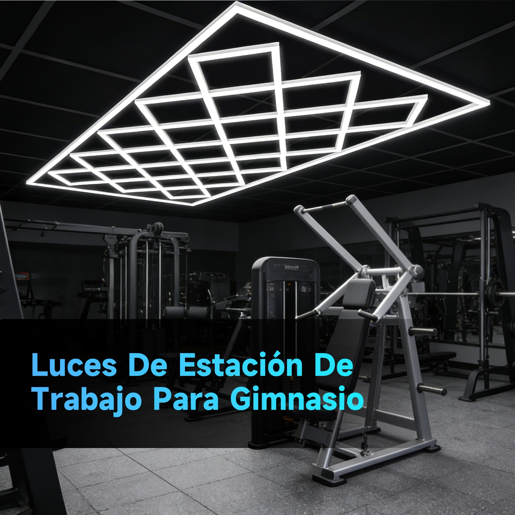 Gimnasio con equipo moderno y una lámpara de techo geométrica.