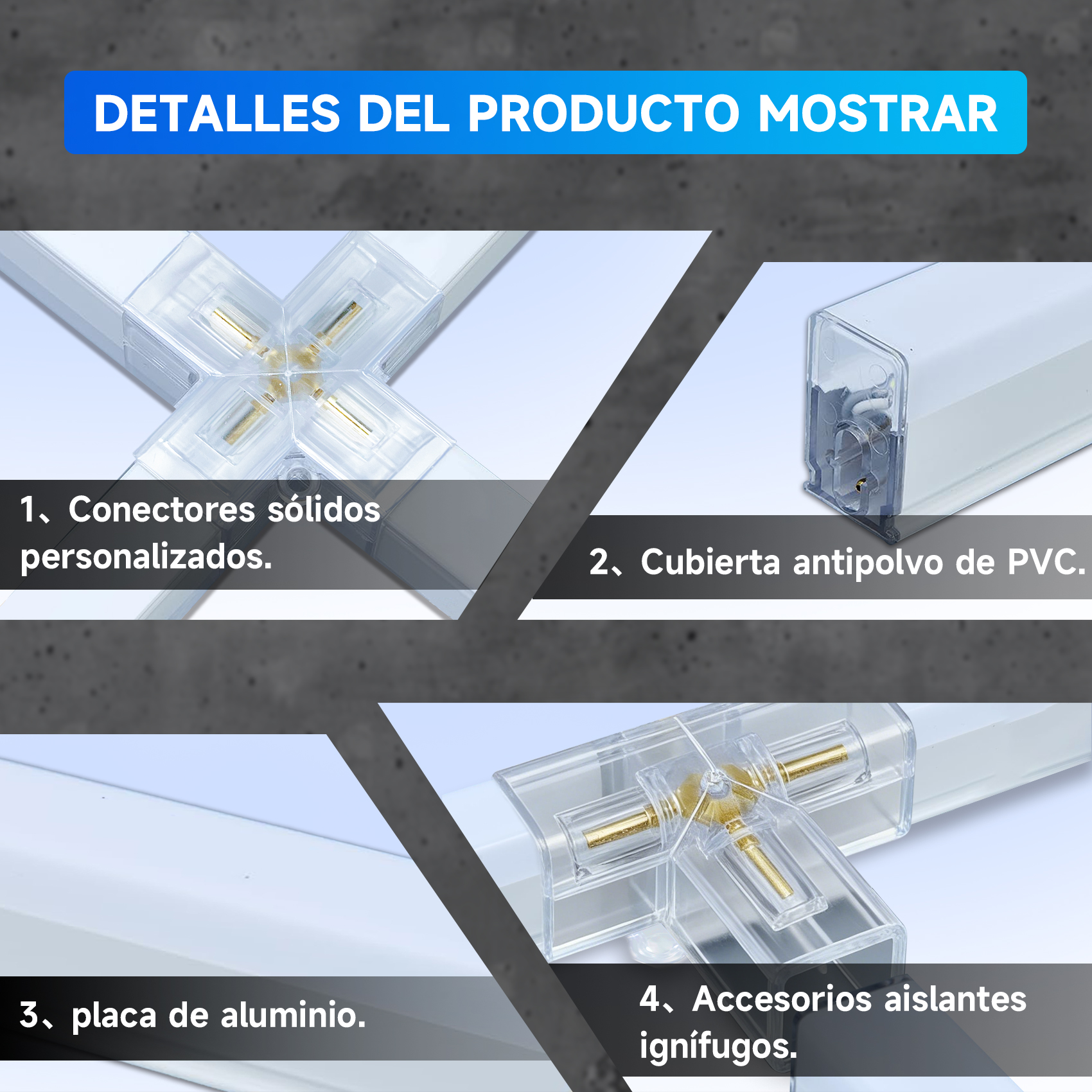 Detalles del producto: conectores, cubierta, placa, accesorios.