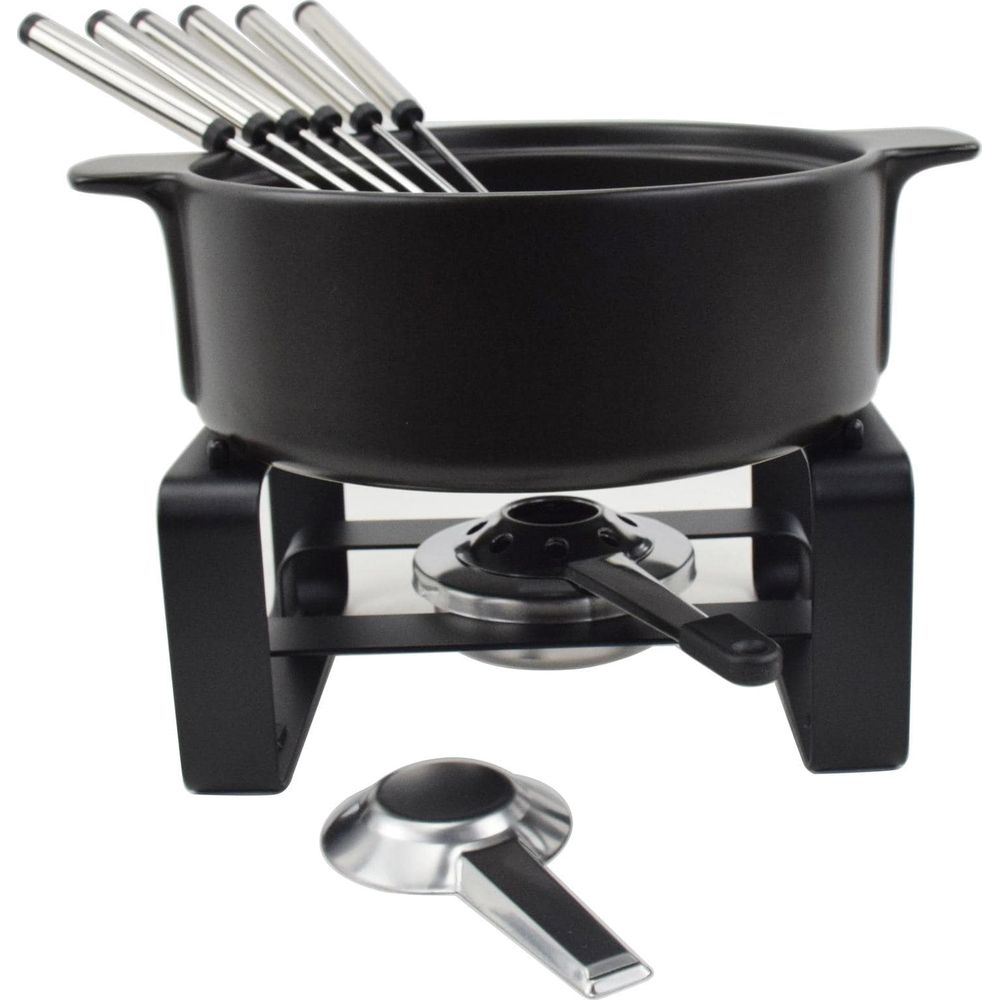 Ein schwarzer Fondue-Topf auf einem Ständer mit mehreren Fonduegabeln.
