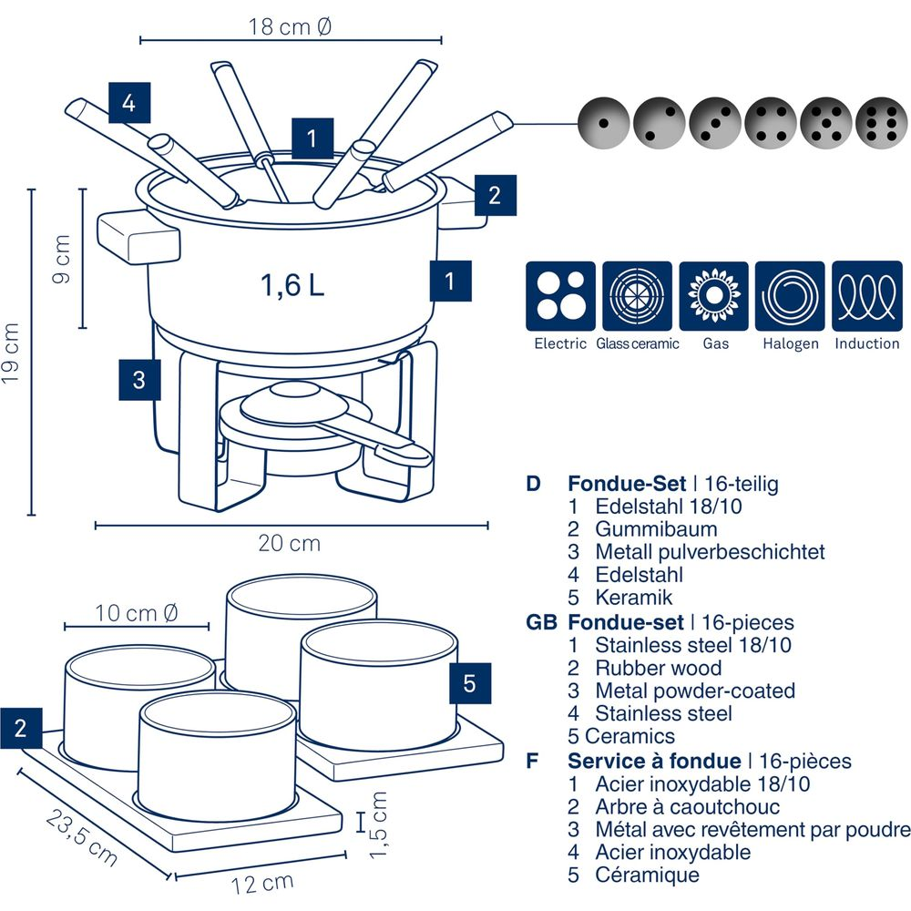 Disegno tecnico di un set da fonduta con dimensioni ed etichette in tedesco, inglese e francese.