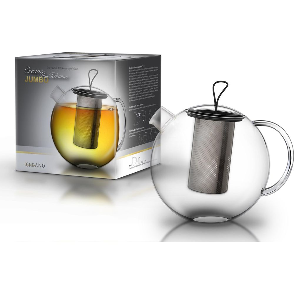Una teiera in vetro con un infusore in metallo e la sua confezione accanto.