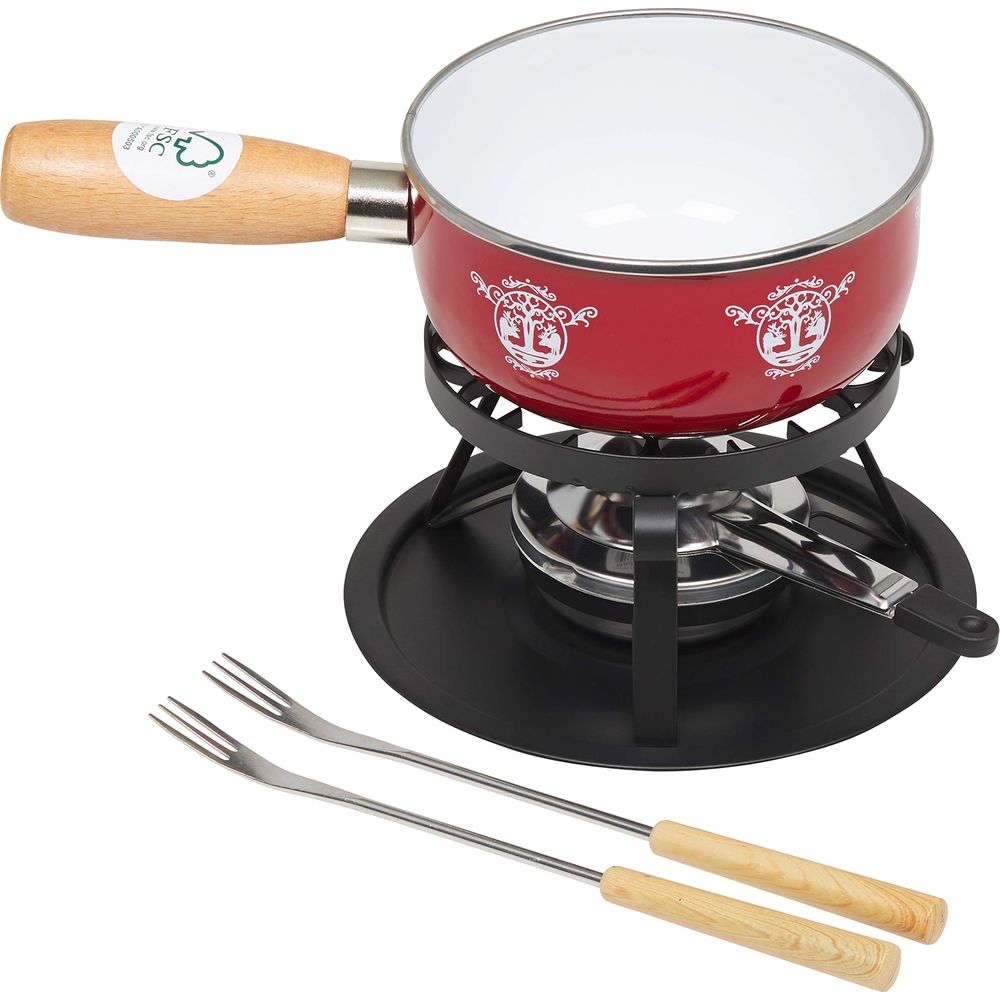 Rote Fondue-Garnitur mit Holzgriffen und Gabeln auf schwarzer Basis.