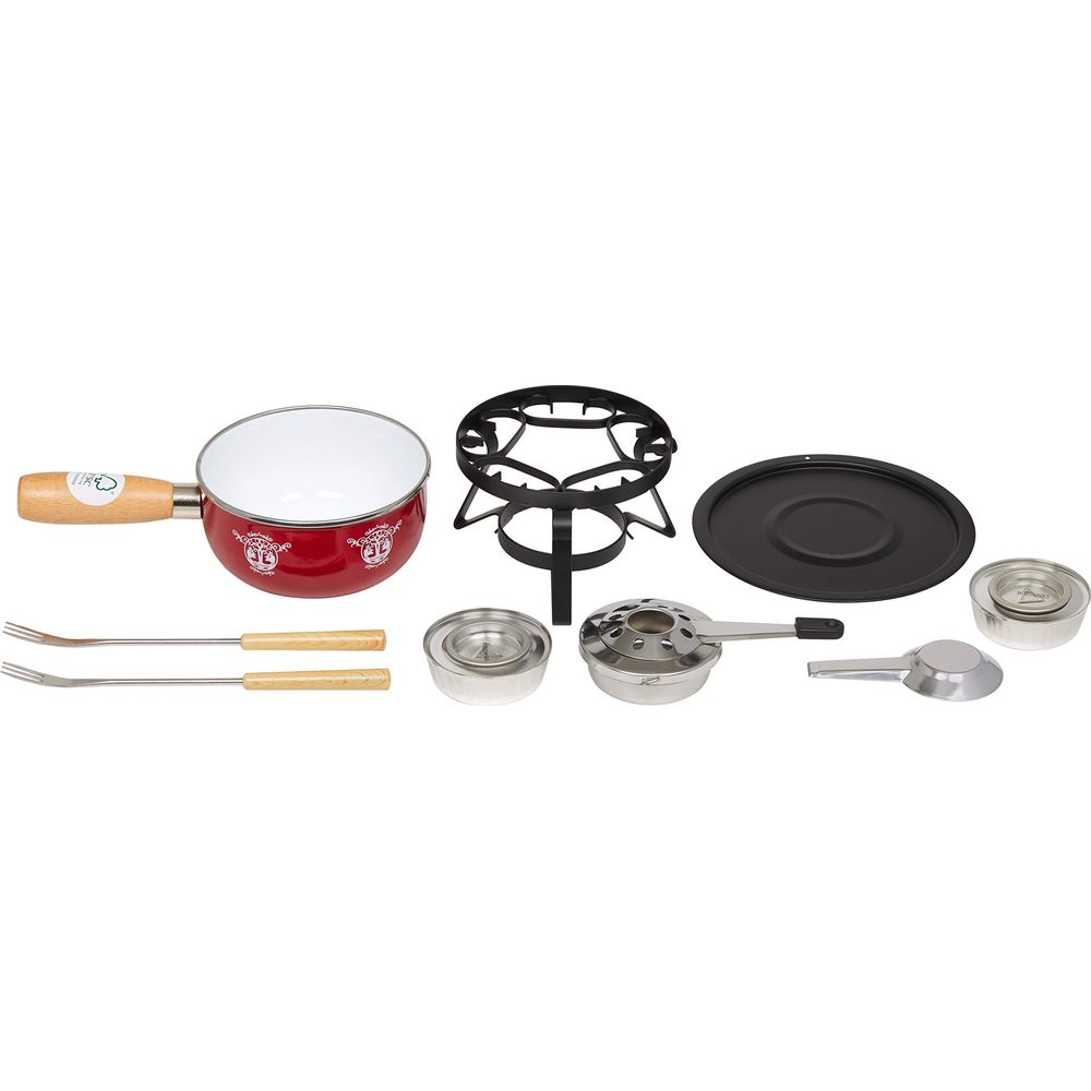Ein rotes Fondue-Set mit Kochgeschirr, Ständer, Brenner und Gabeln.