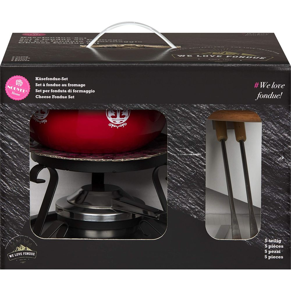 Ein rotes Käsefondue-Set mit Gestell, Brenner und drei Fonduegabeln.