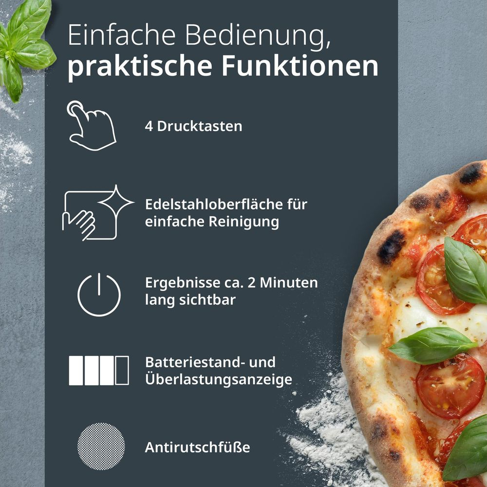 Un piano cottura con pizza, 4 pulsanti, acciaio inox, timer, indicatore batteria e piedini.