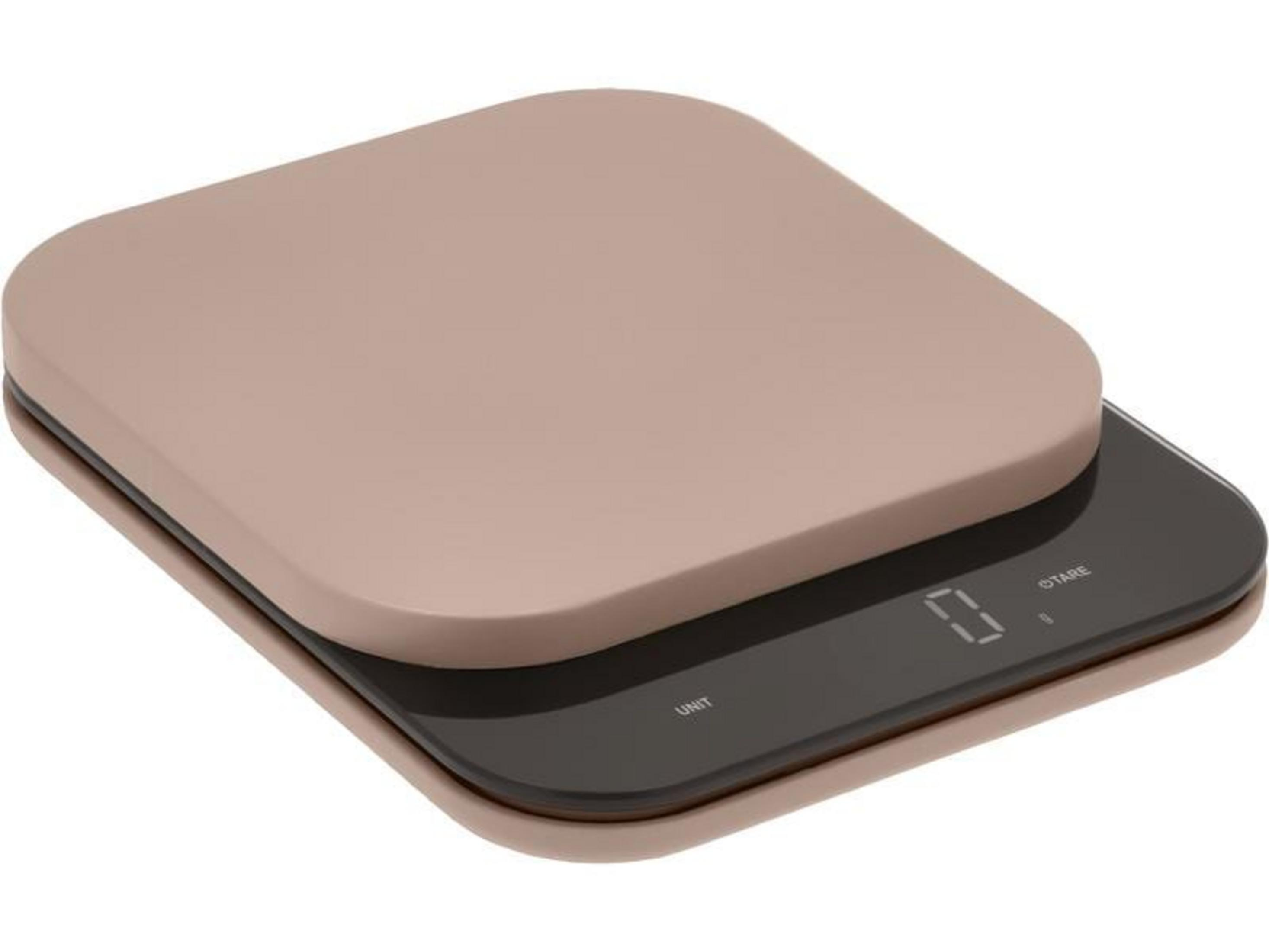 Una bilancia da cucina digitale beige e nera che mostra zero.