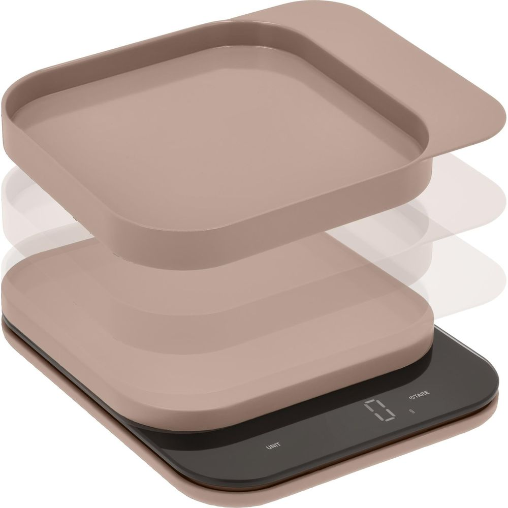 Una bilancia da cucina marrone con display digitale e piattaforma rimovibile.