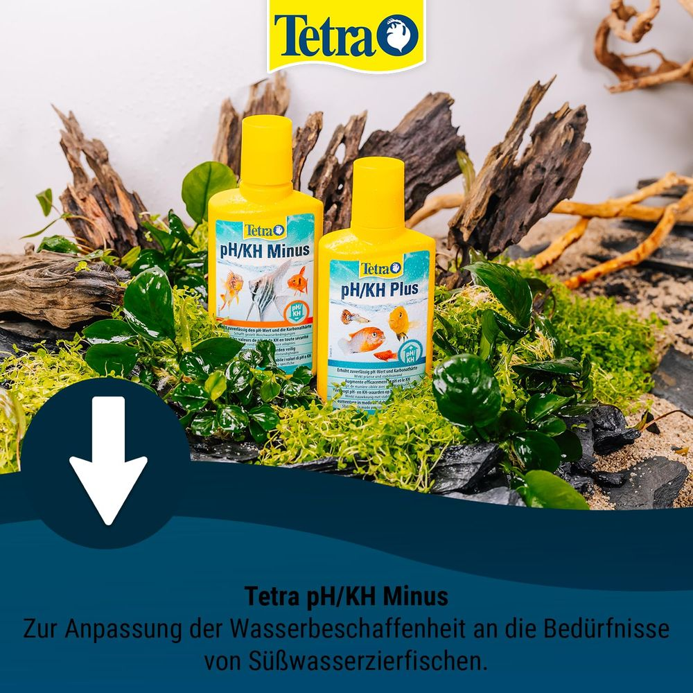Zwei Tetra pH/KH Wasseraufbereiter Flaschen stehen im Vordergrund, umgeben von Aquarienpflanzen.