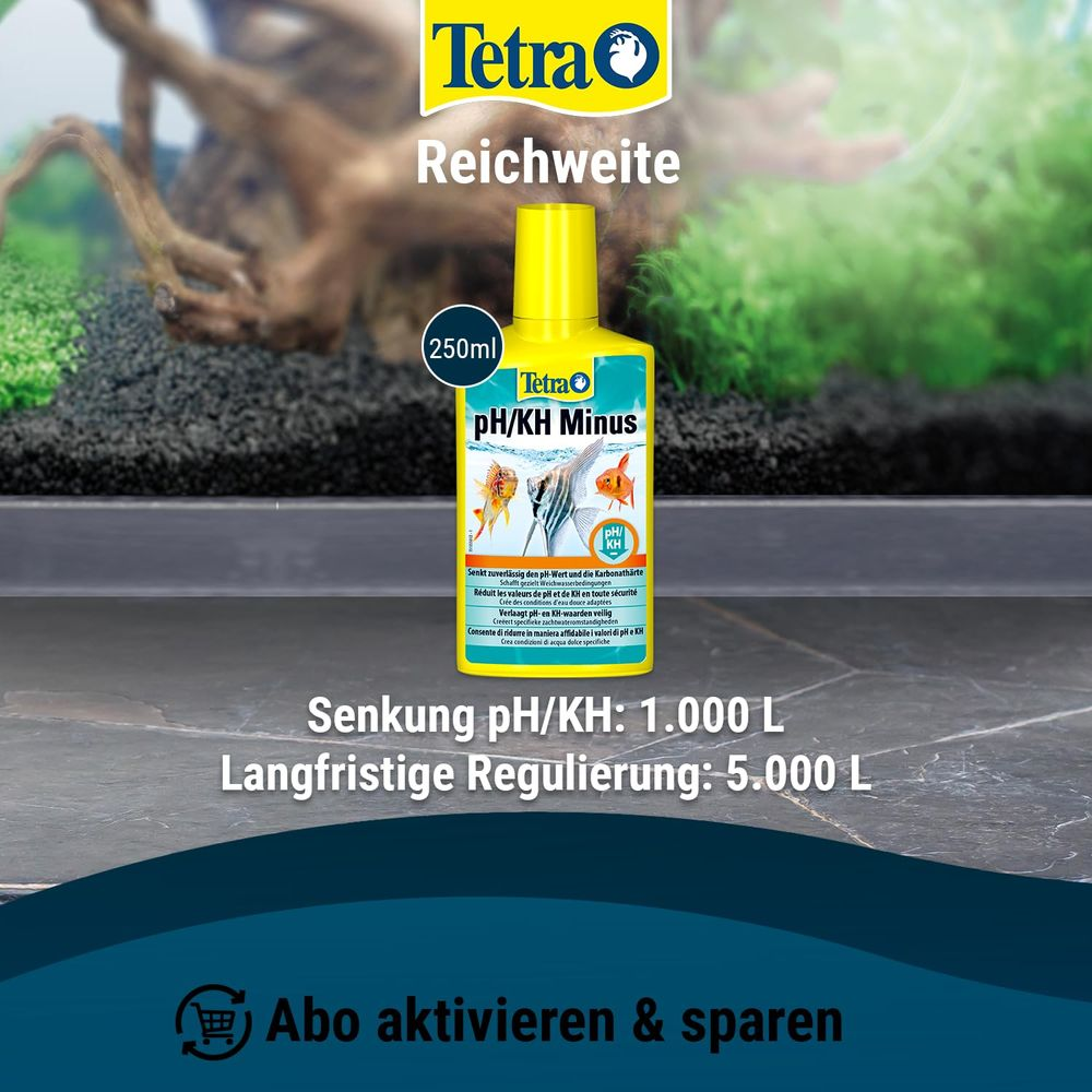 Gelbe Tetra Flasche pH/KH Minus für Aquarien, mit Fischabbildung.