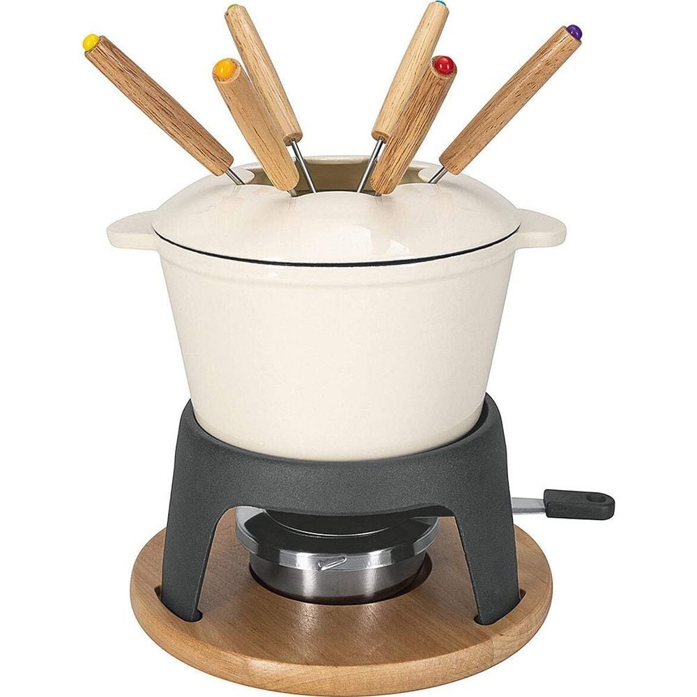 Ein cremefarbener Fondue-Topf mit Holzgriffen und farbigen Kappen auf einem Ständer.