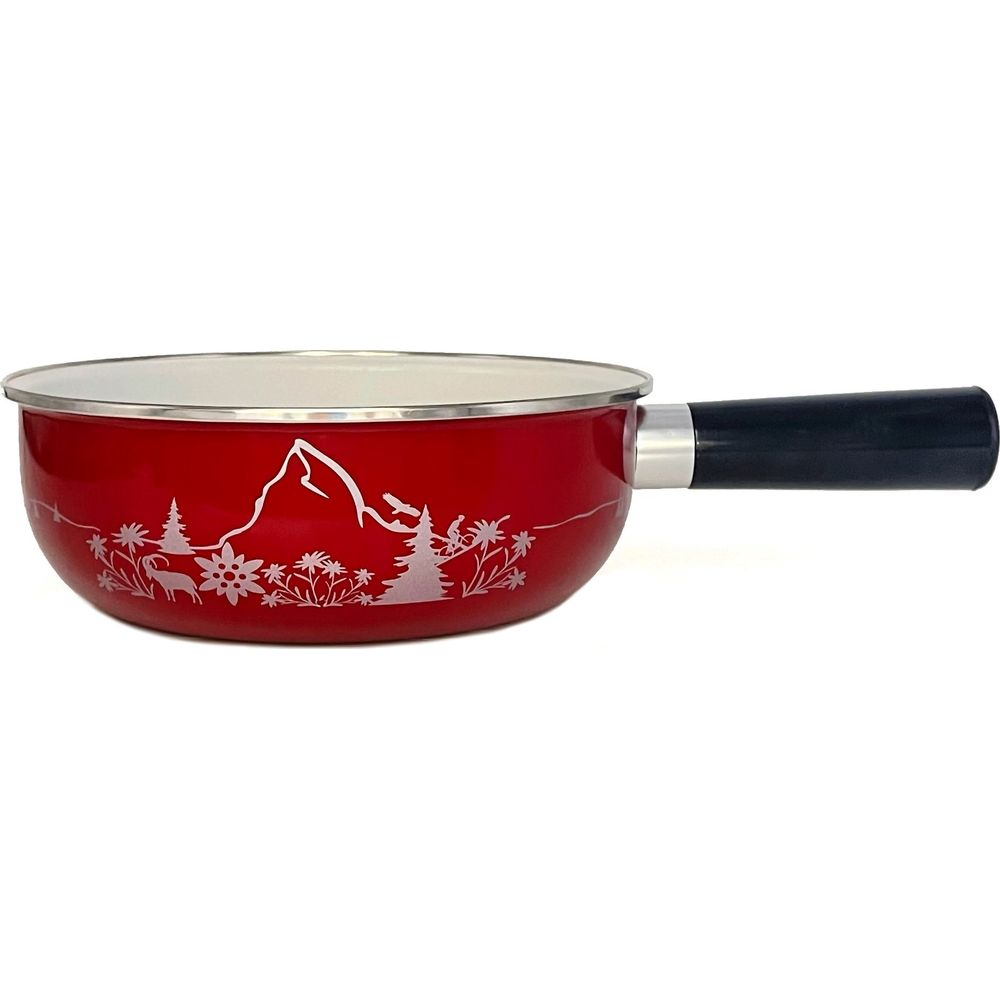 Pentola rossa con scena di montagna e manico nero.