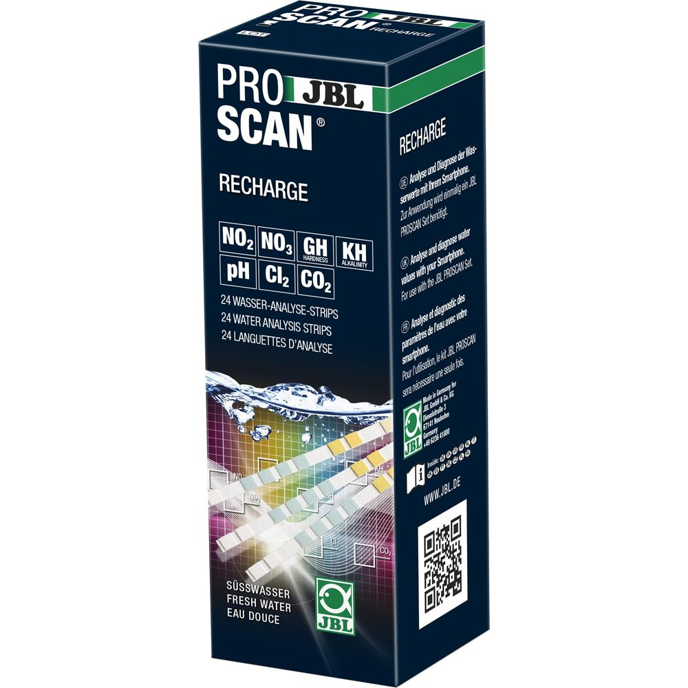 JBL ProScan Wasseranalyse-Streifen für Süßwasser in einer Box, zeigt Teststreifen und Produktdetails.