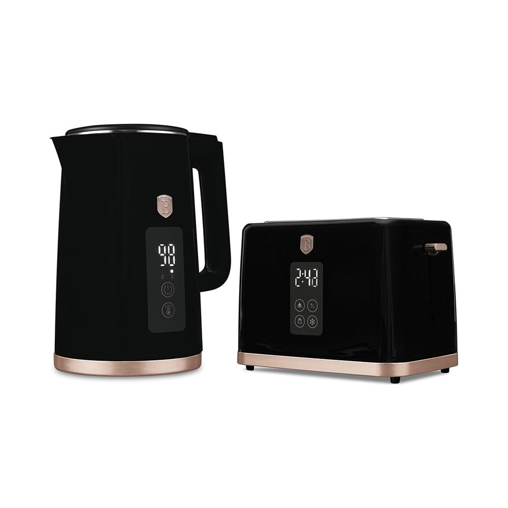 Un bollitore elettrico e un tostapane neri con accenti oro rosa e display digitali.