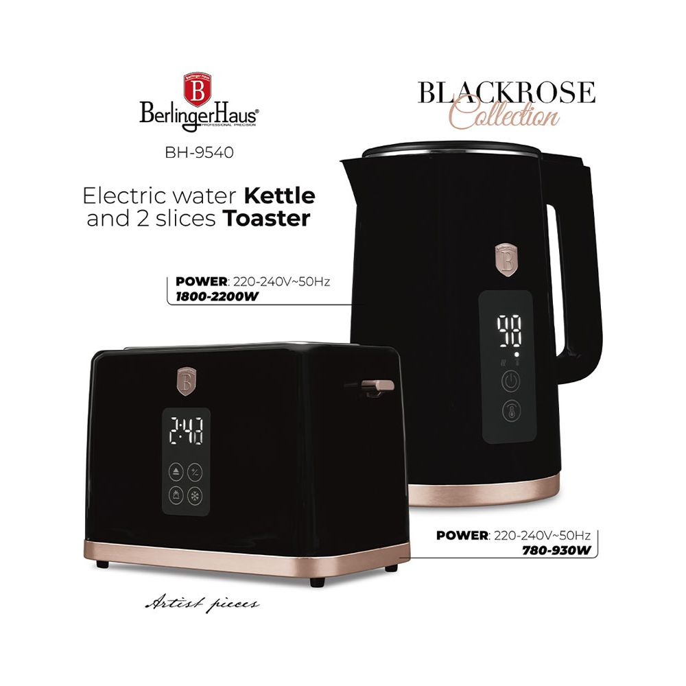 Bollitore elettrico nero e tostapane a 2 fette con display digitali e accenti in oro rosa.