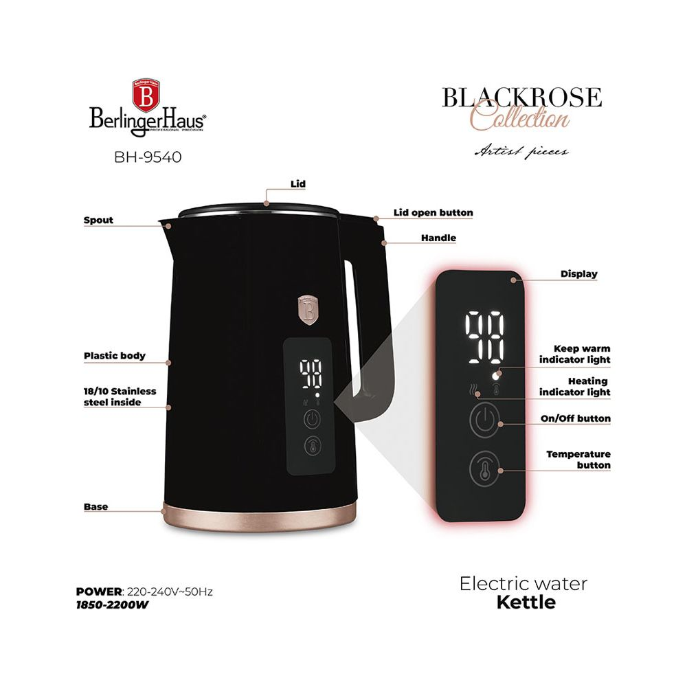 Bollitore elettrico nero con display ed etichette per parti come coperchio, manico e base.