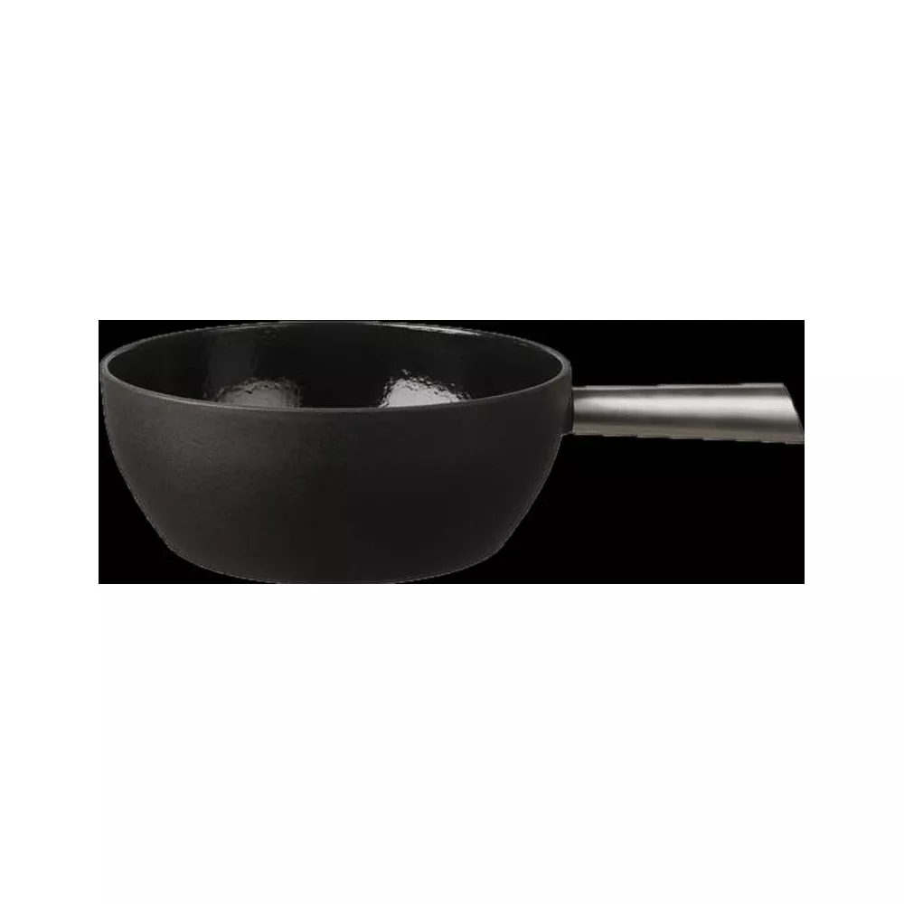 Schwarzer Fonduetopf mit silbernem Griff.