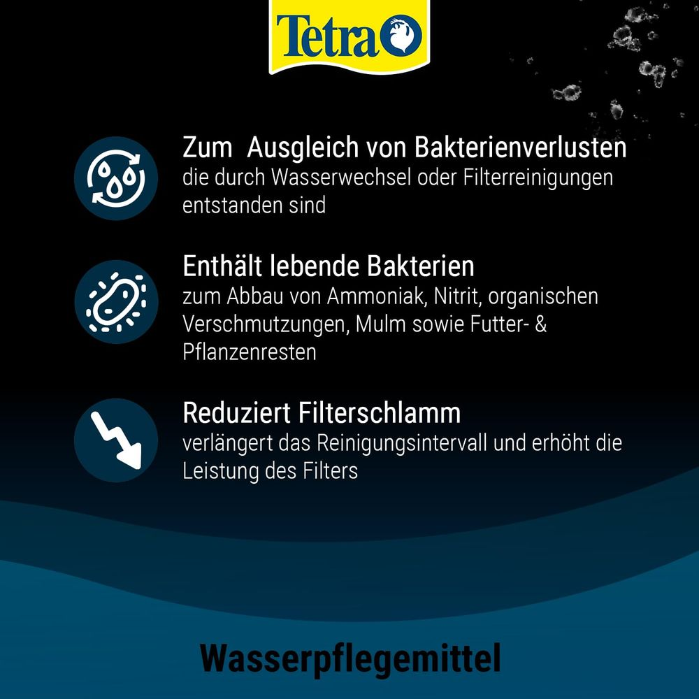 Prodotto per la cura dell'acqua Tetra: bilancia la perdita di batteri, contiene batteri vivi, riduce il limo del filtro.