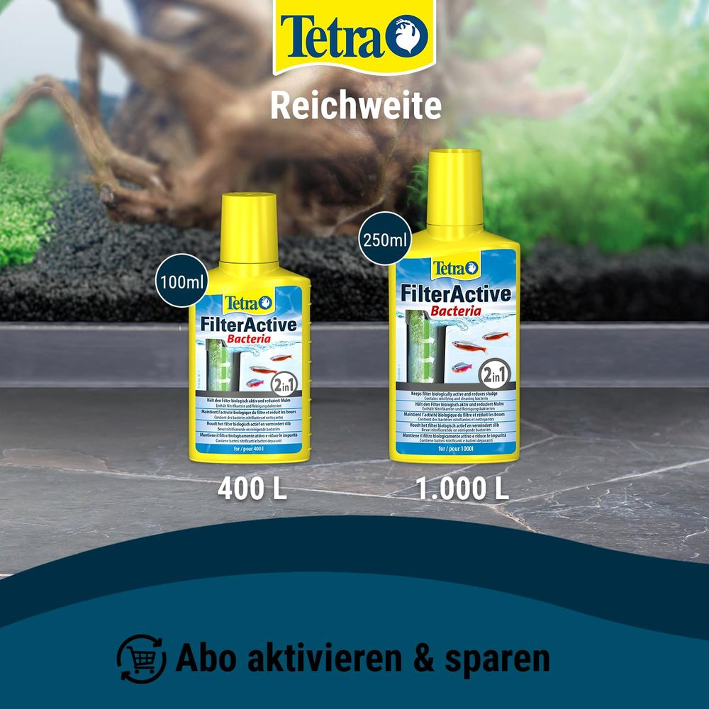 Due flaconi Tetra FilterActive Bacteria, 100ml e 250ml, per acquari da 400L e 1000L.