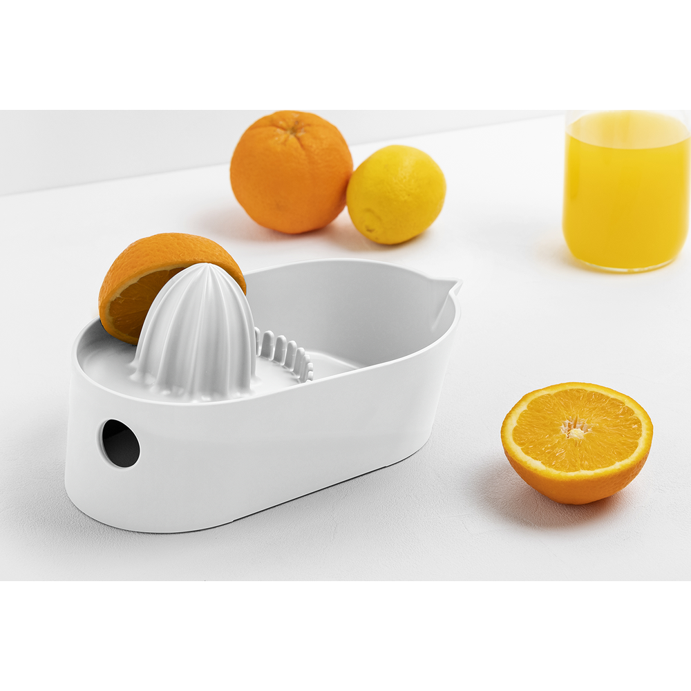 Ein weißer Zitruspresse mit Orangen- und Zitronenhälften und einem Glas Saft.