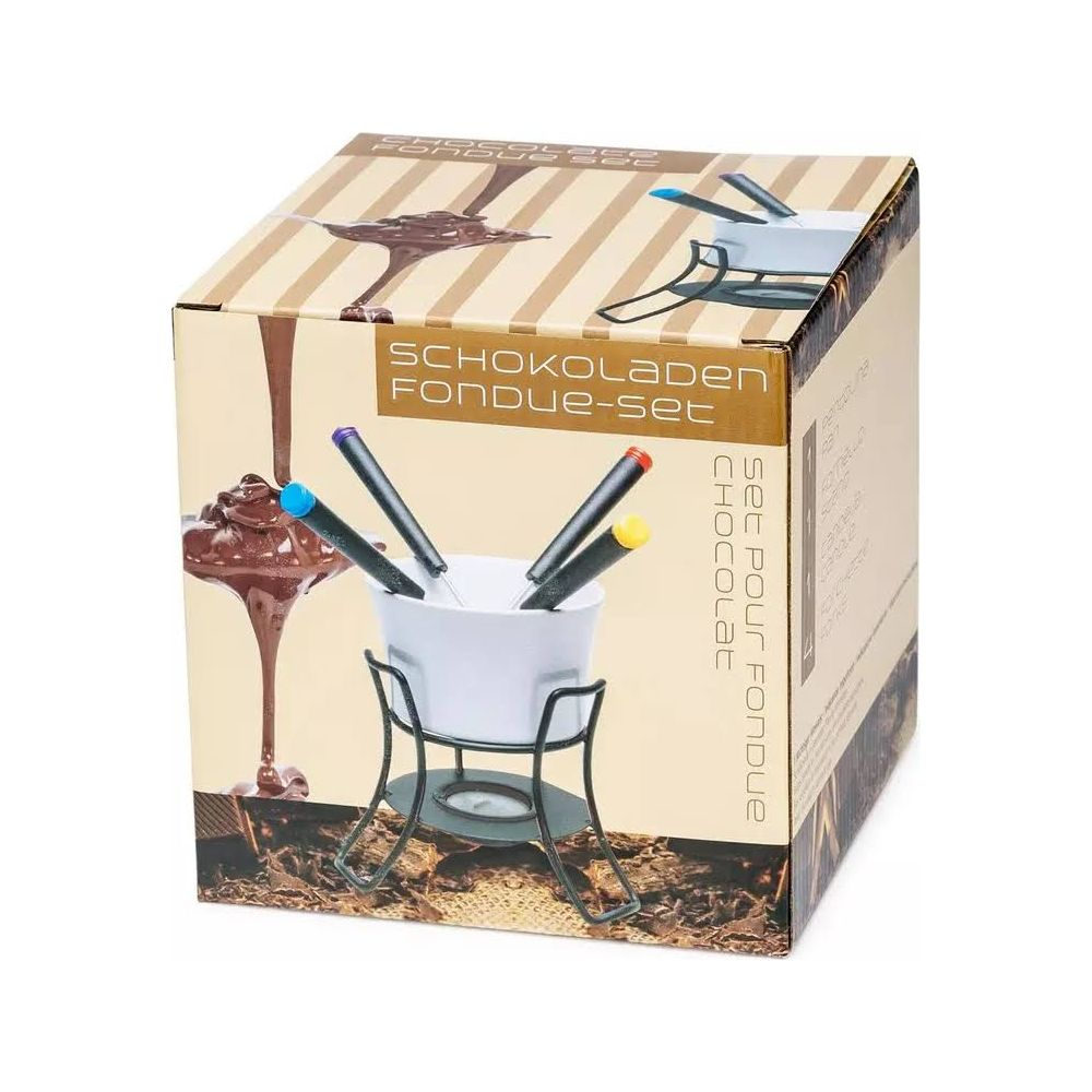 Schokoladenfondue-Set mit Schüssel, Ständer, vier Gabeln und Schokoladenspritzern.