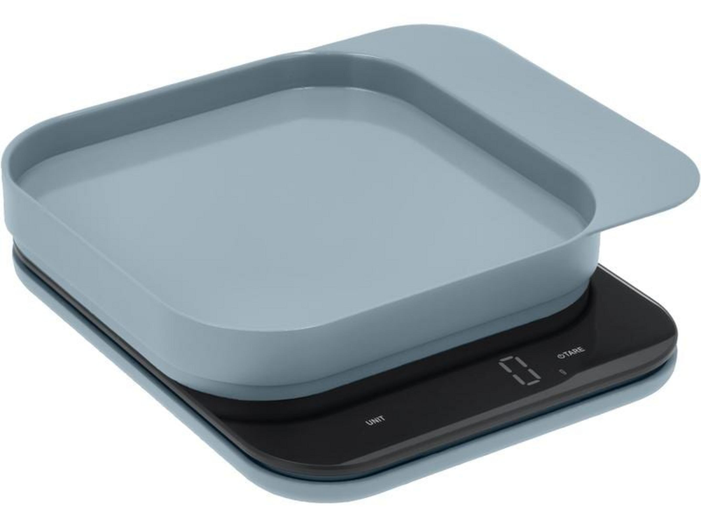 Una bilancia da cucina digitale blu con display nero mostra zero.