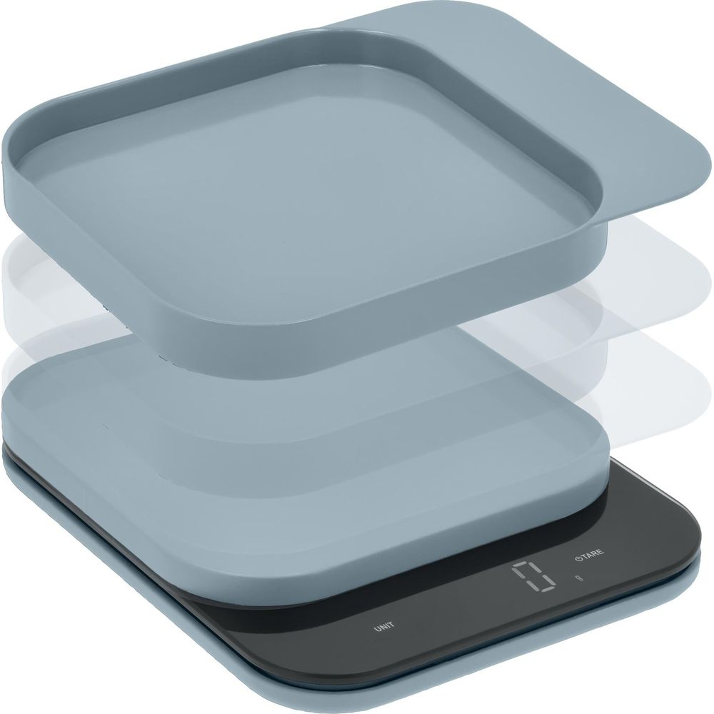 Bilancia da cucina grigia con display digitale su base nera e vassoio rimovibile.
