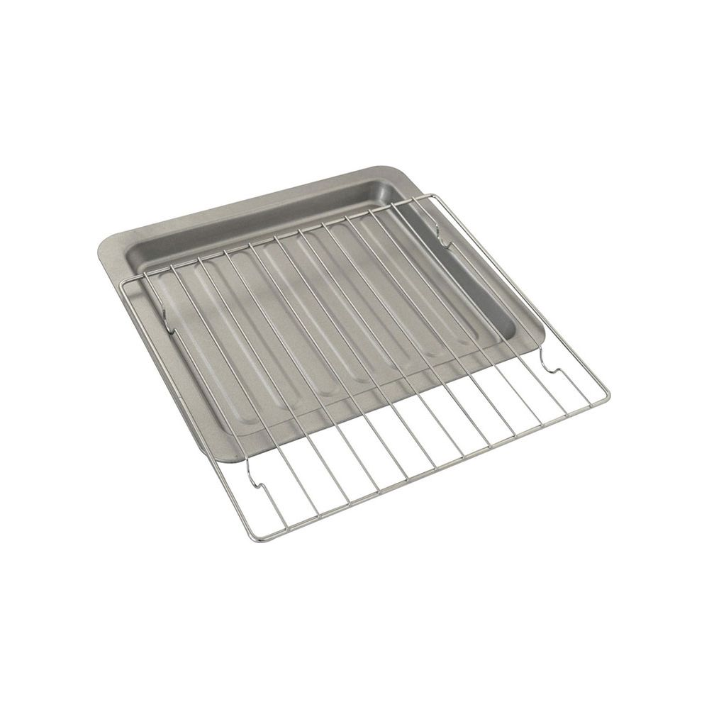 Une plaque de cuisson grise avec une grille argentée dessus, isolée sur fond blanc.