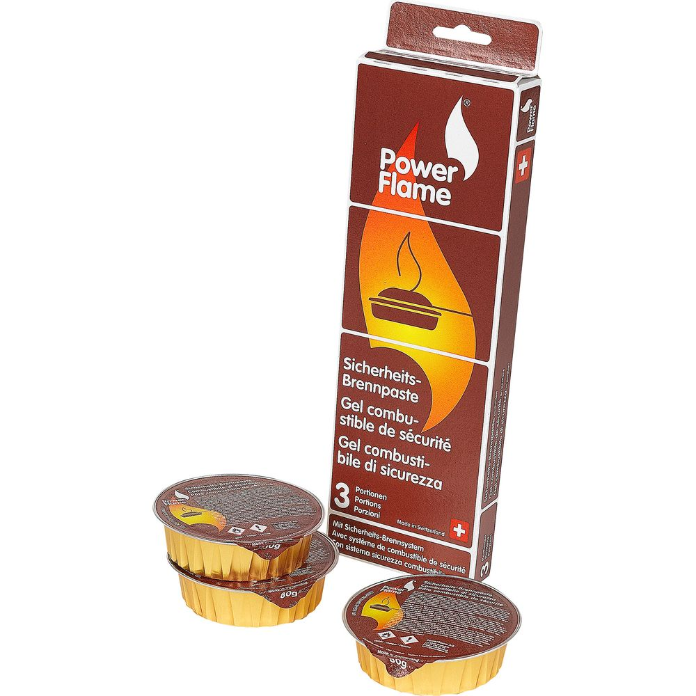Power Flame Sicherheits-Brennpaste mit 3 x 80g Portionen in goldbraunen Bechern.