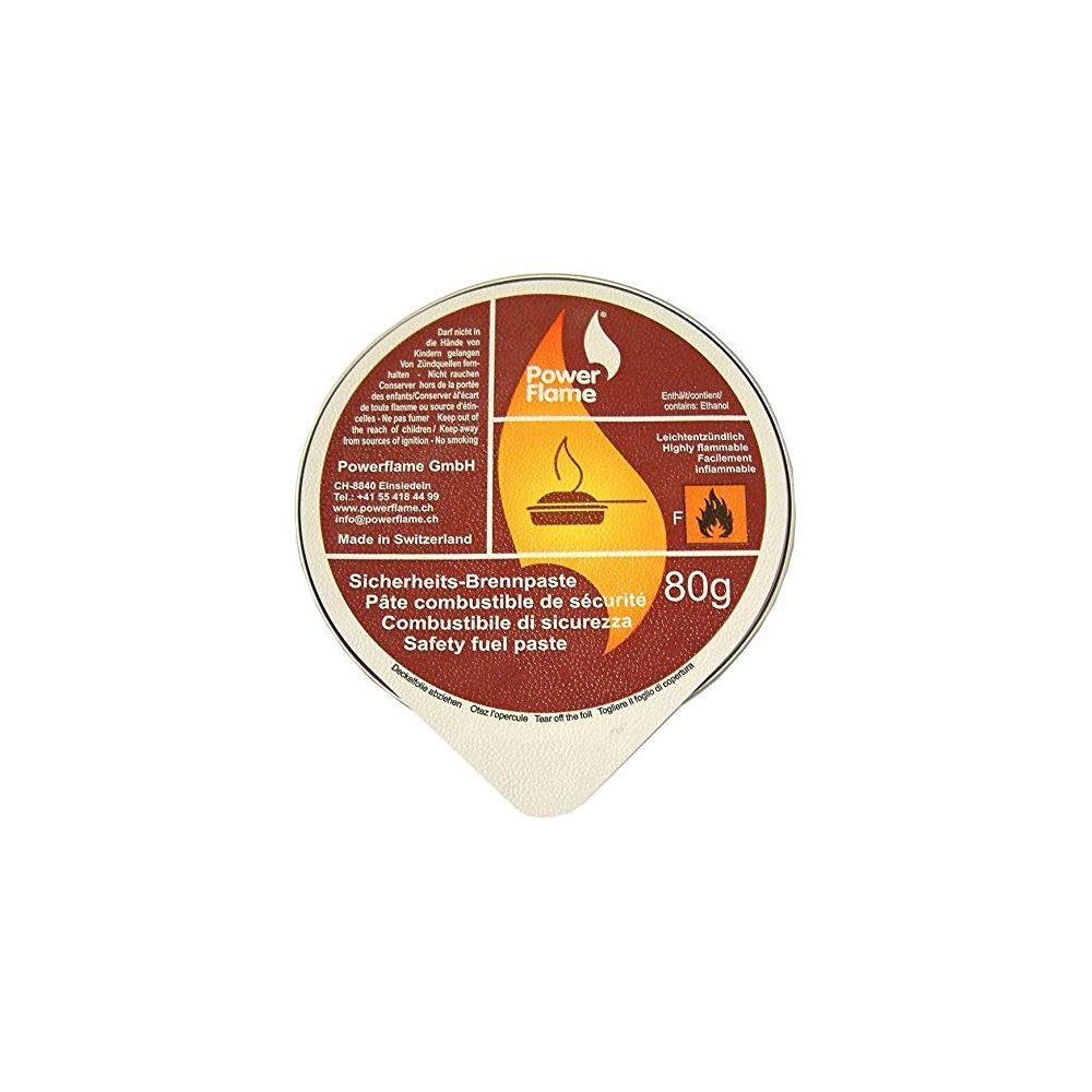 Power Flame Sicherheits-Brennpaste, 80g, leichtentzündlich, mit Warnhinweisen.