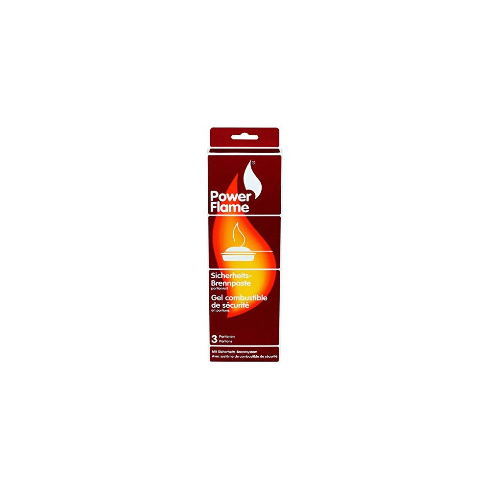 Verpackung mit Power Flame Brennpaste. Zeigt eine Flamme und 3 Portionen.