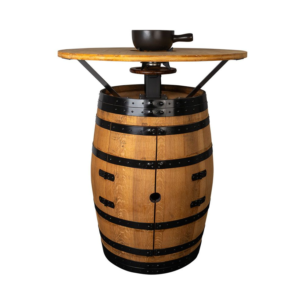 Table baril en bois avec garniture métallique noire et un bol noir sur le dessus.