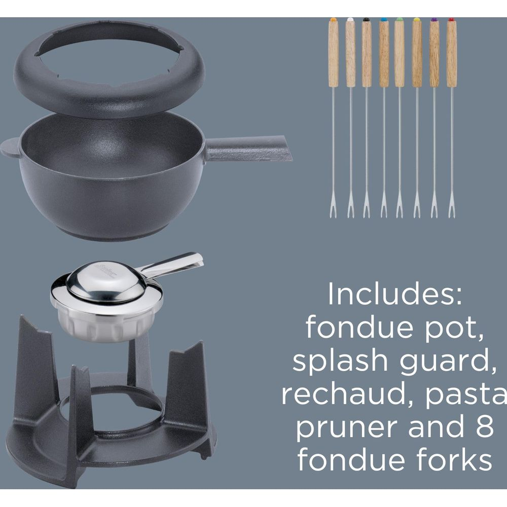 Fondue-Set mit Gusseisentopf, Brenner, Spritzschutz und 8 Gabeln mit Holzgriffen.