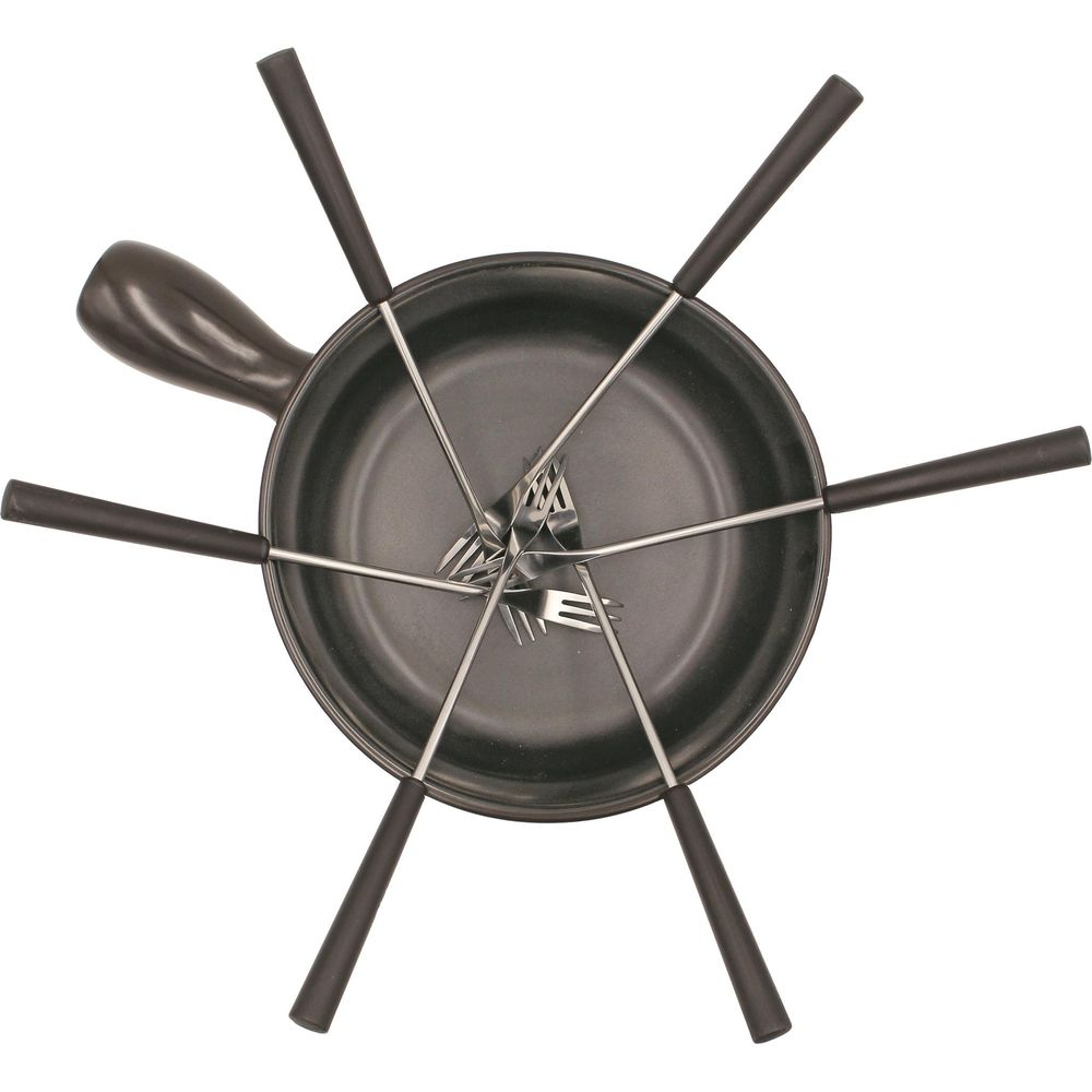 Dunkelgrauer Fonduetopf mit sechs Gabeln, die von einem Metallständer gehalten werden.