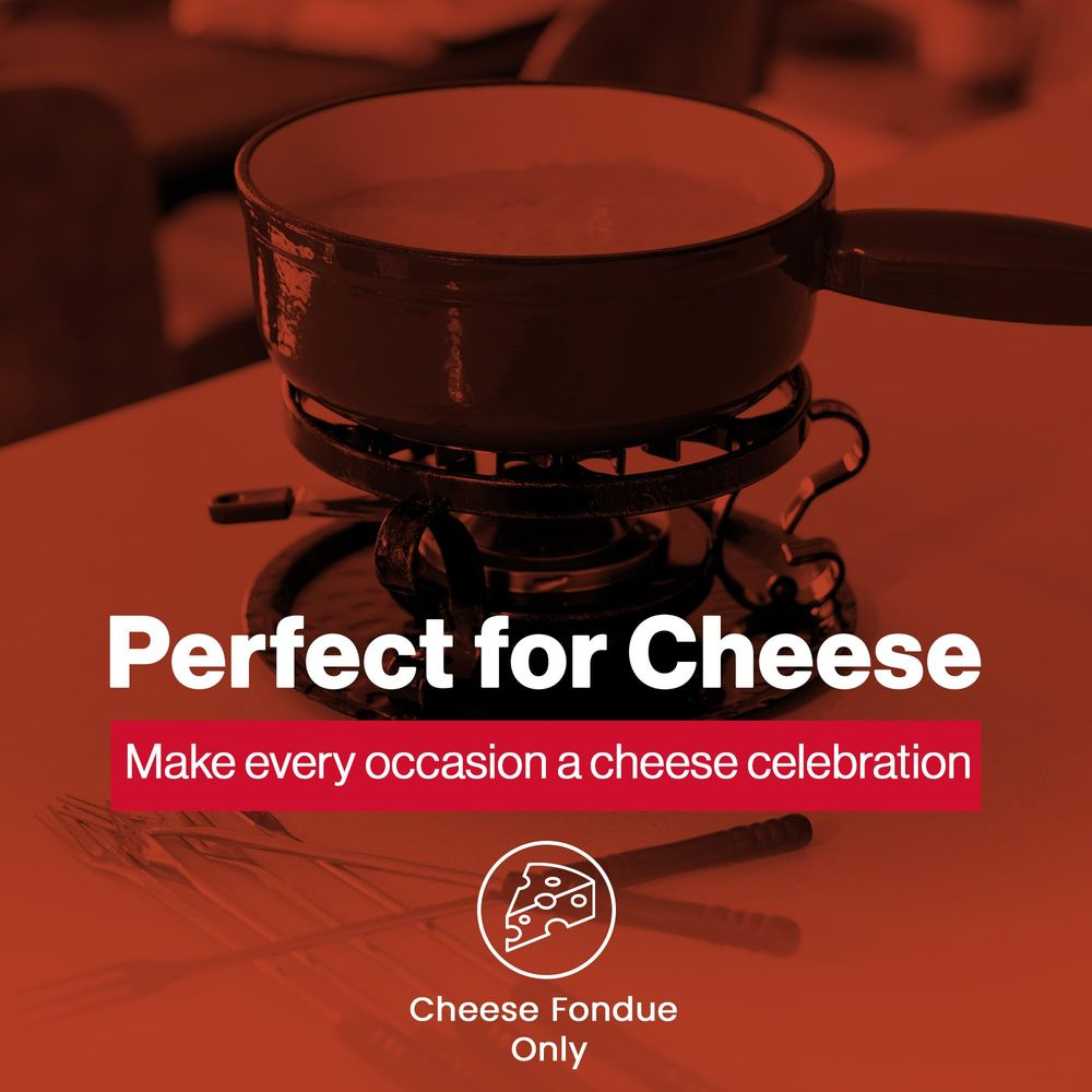 Un set per fonduta di formaggio con pentola, supporto, forchette e icona del formaggio.