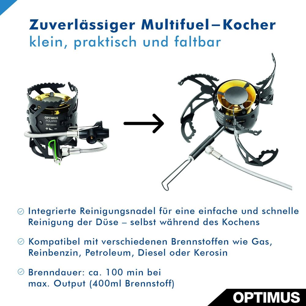 Un réchaud multifuel compact et pliable avec aiguille de nettoyage.