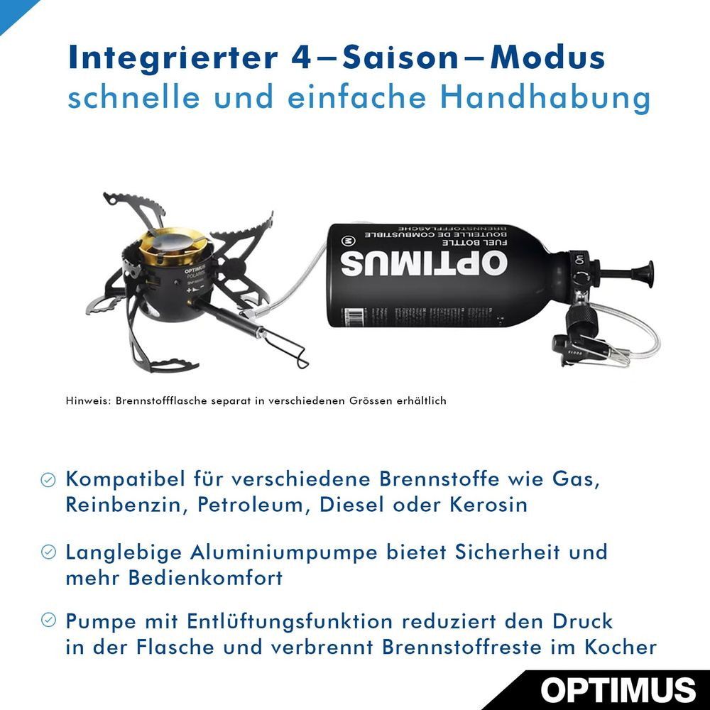 Un réchaud de camping et une bouteille de combustible noire avec logo Optimus.