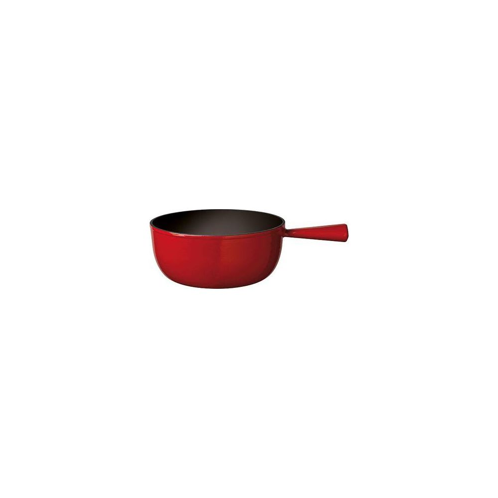 Rote Schmorpfanne mit Griff auf weißem Hintergrund.
