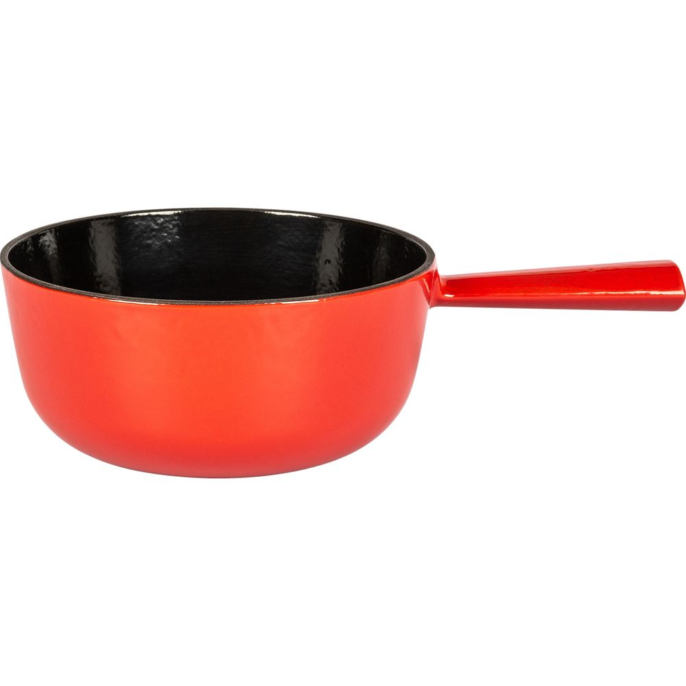 Eine rote Gusseisenpfanne mit schwarzem Innenraum und einem Griff.