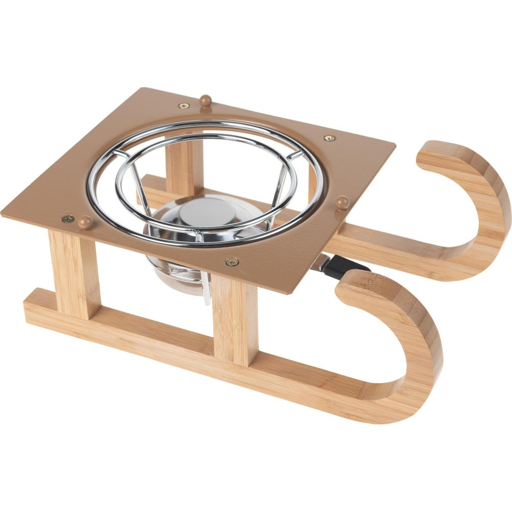 Ein Fonduetopfständer aus Holz mit Metallaufsatz.