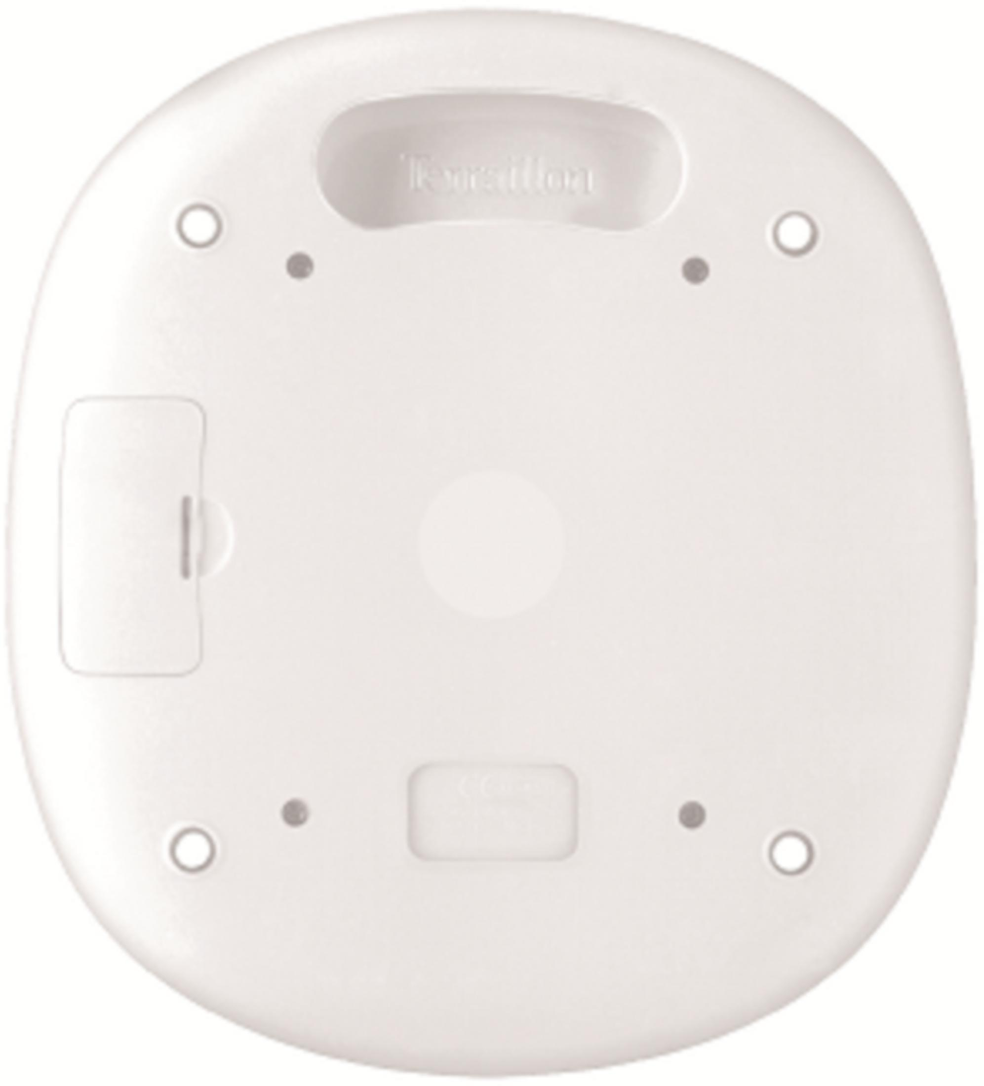 Vista inferiore del dispositivo bianco con testo 'Touralilon', sportello batteria e fori.