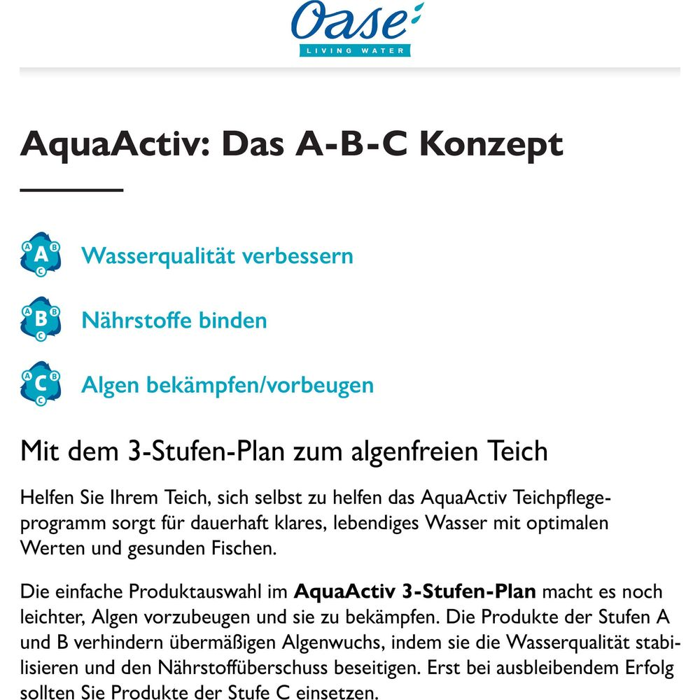 Oase AquaActiv A-B-C Konzept: Wasserqualität verbessern, Nährstoffe binden, Algen bekämpfen.