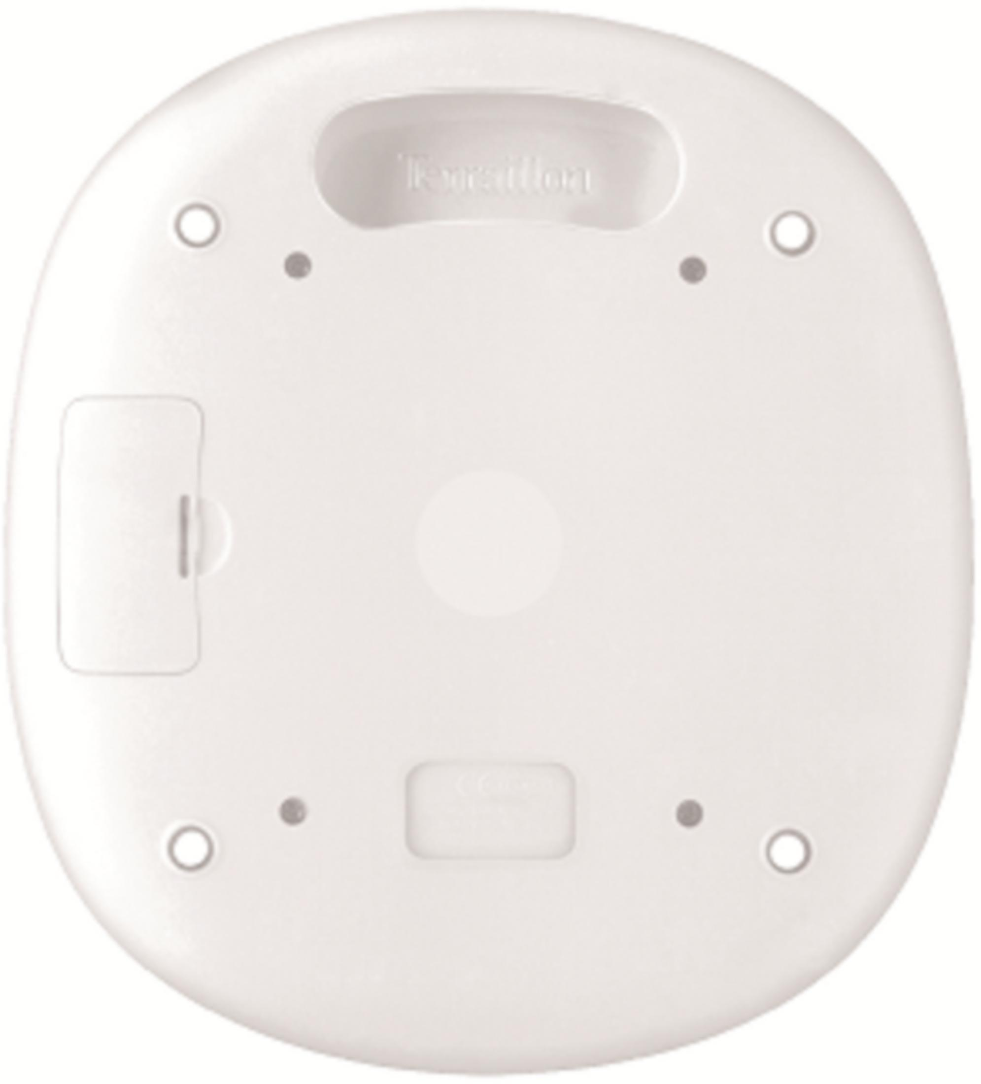Parte inferiore di un dispositivo bianco con maniglia e vano batteria.
