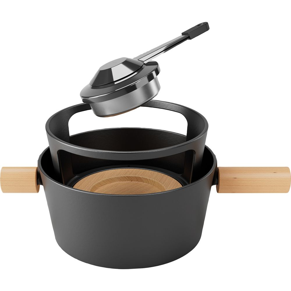 Une marmite noire avec des poignées en bois et un insert métal/bois.
